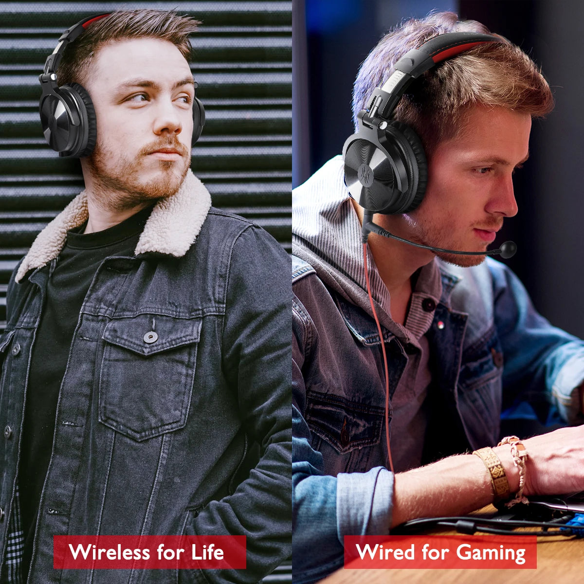 Black 2-in-1 gaming headphones with red accents, shown in both wireless mode and wired mode with a boom microphone.
