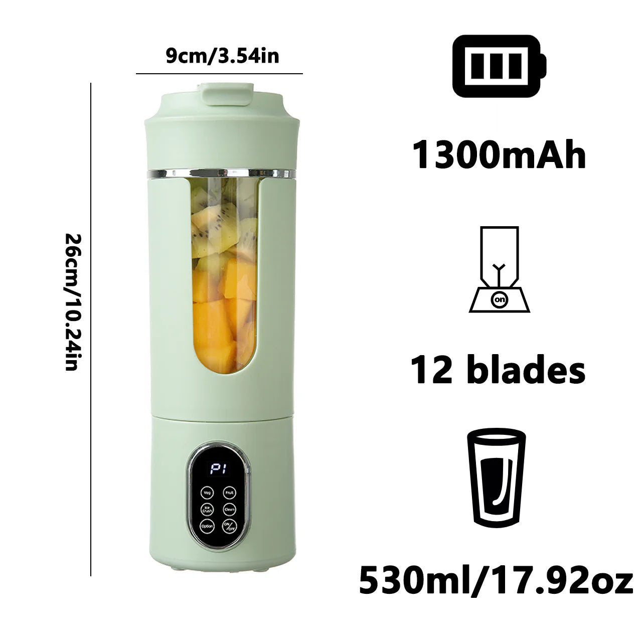 Sage green portable blender with 12 blades, 1300mAh battery, digital display, and 530ml capacity.