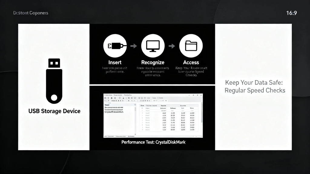 Black and white infographic showing a USB flash drive, simple plug-and-play steps, and performance test results.