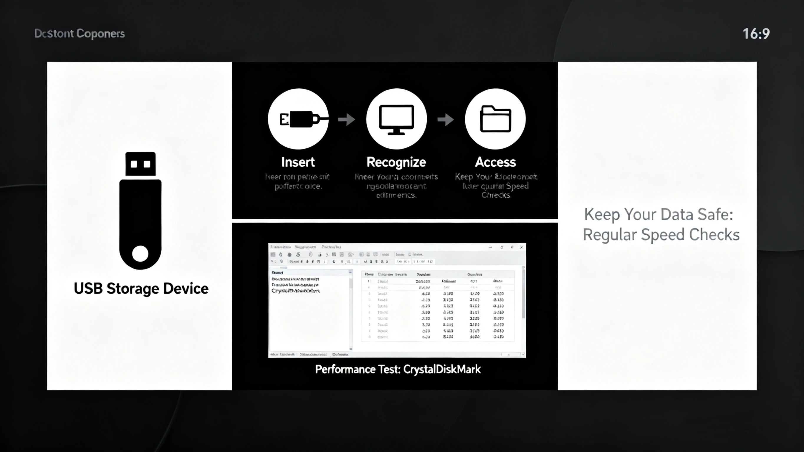 Black and white infographic showing a USB flash drive, simple plug-and-play steps, and performance test results.