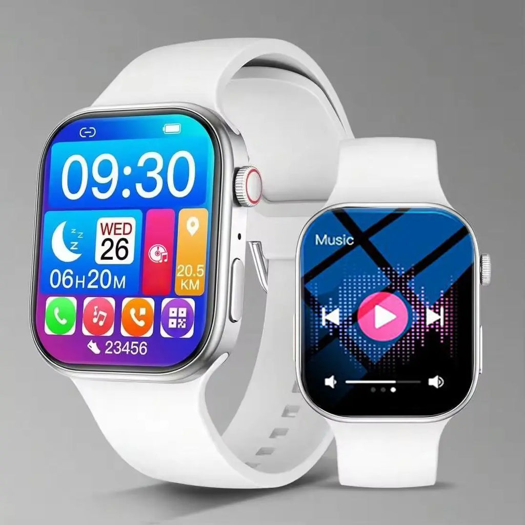 Two white multi-sport smart watches with silver edges, showing colourful digital clock, fitness, and music player screens.