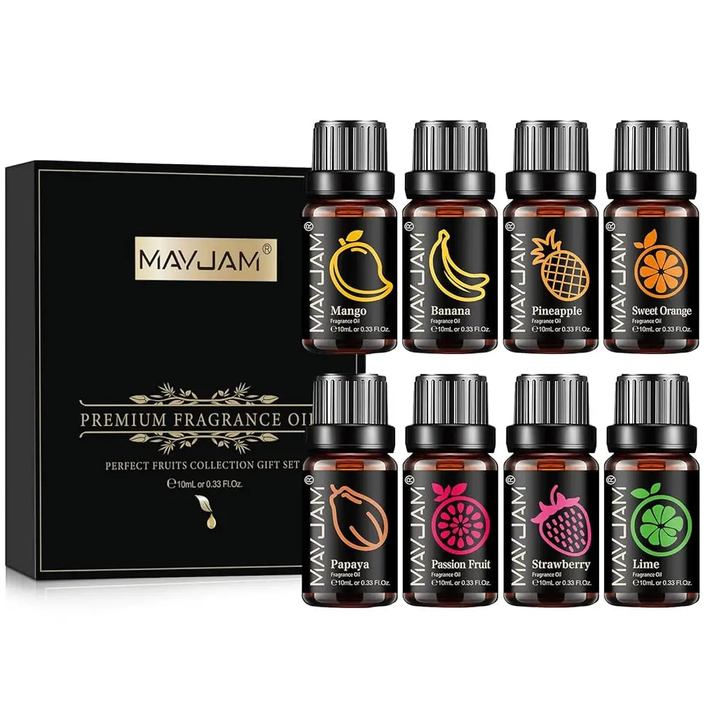 Gift set of eight 10ml fruit-scented fragrance oils in amber bottles with black labels, presented in a black box.