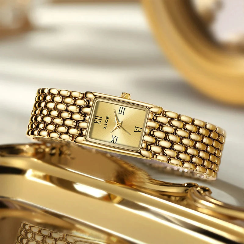 Elegant gold-tone square ladies' watch with a link bracelet, Roman numerals, and a polished stainless steel finish.