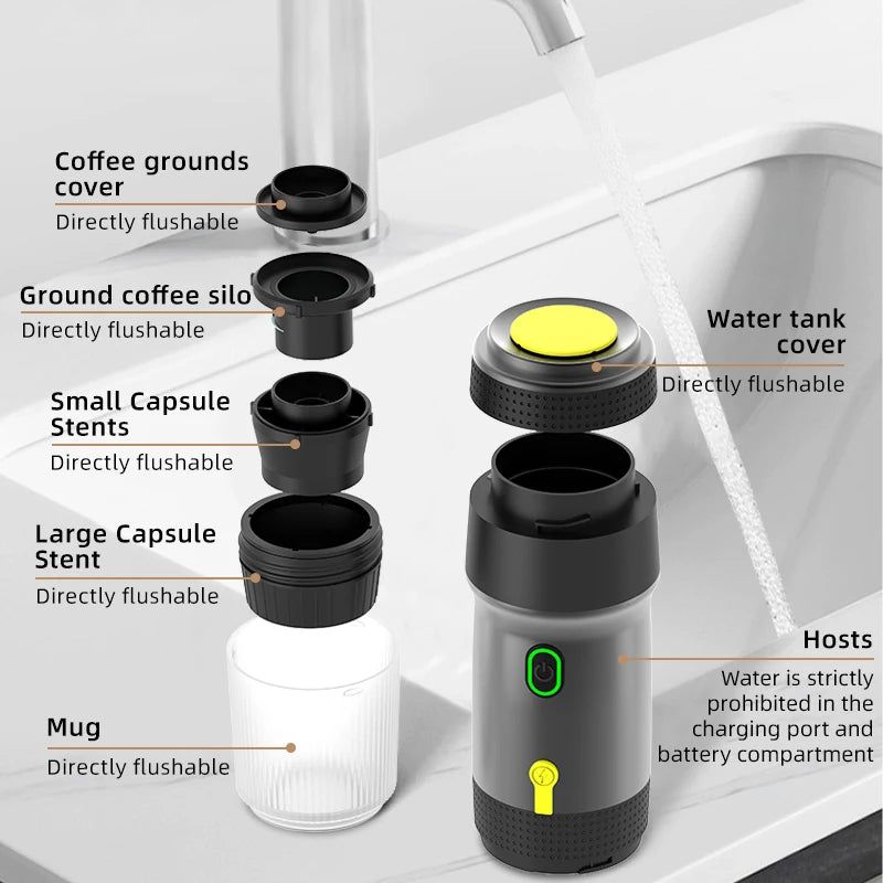 An exploded view diagram of a portable coffee maker, showing its detachable parts and the main housing unit.