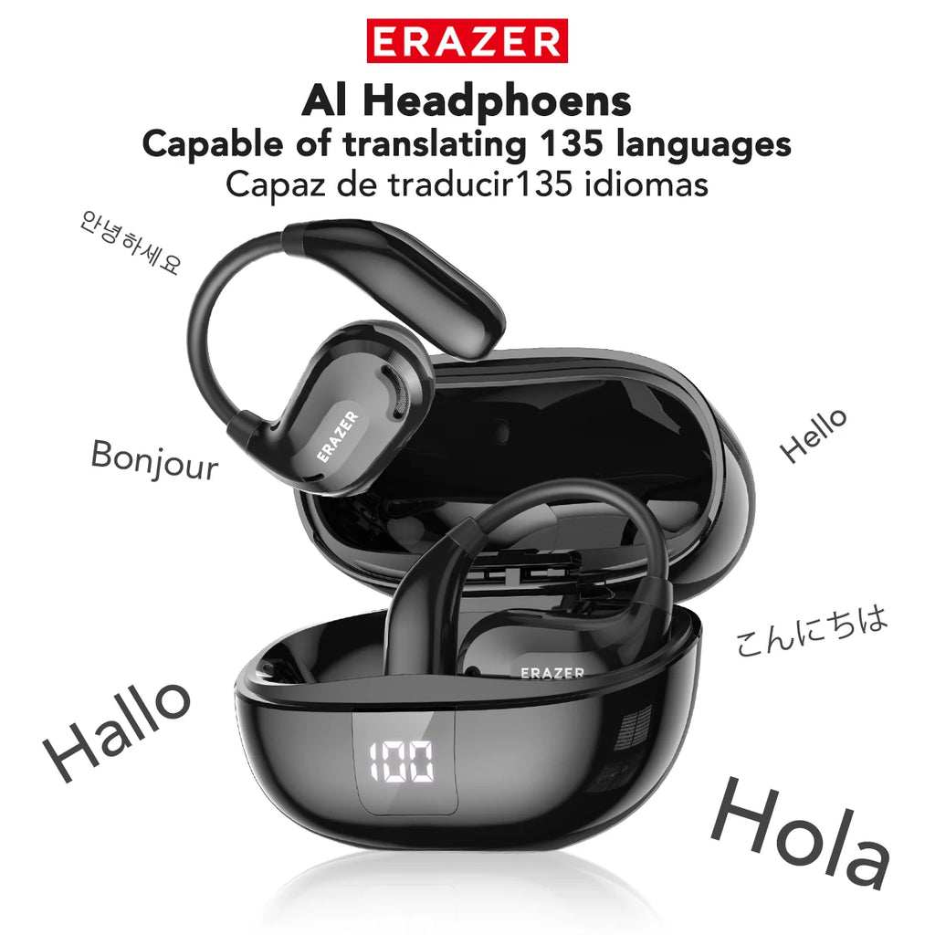 Black wireless ear hook headphones with a charging case displaying a digital battery percentage.