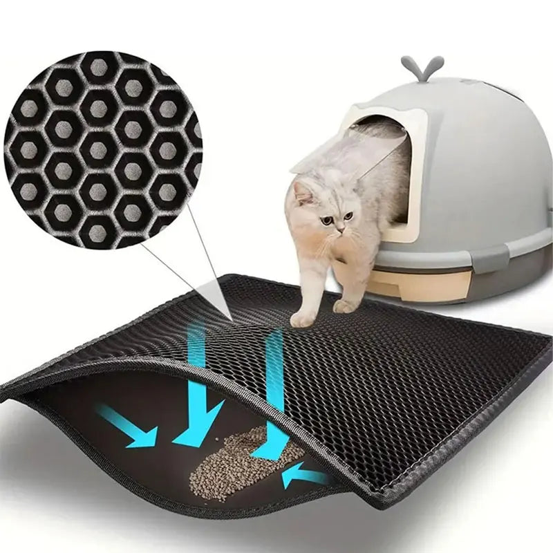 Black double-layer waterproof cat litter mat with honeycomb surface to trap litter, shown with a cat and litter box.