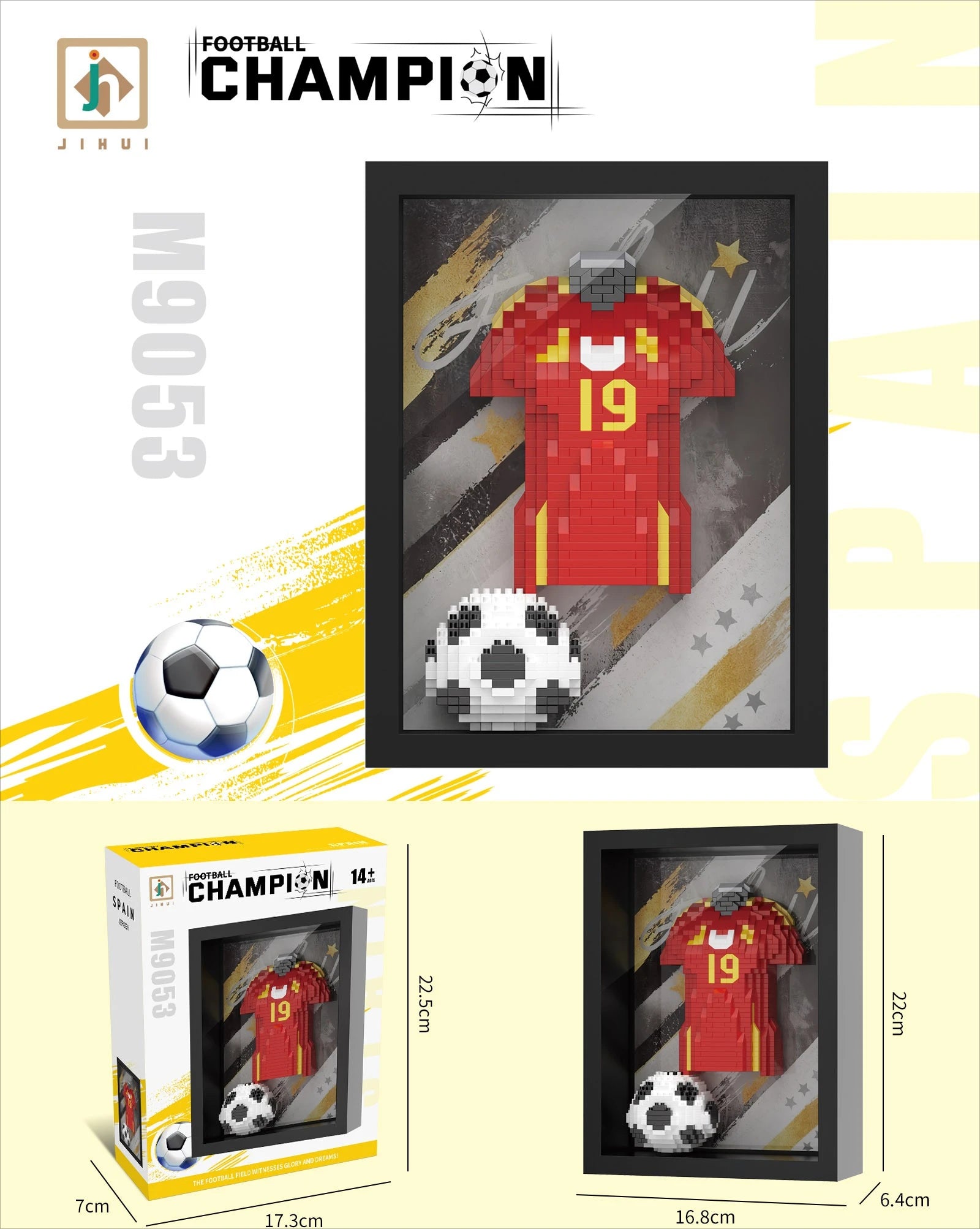 Framed 3D brick art set featuring a red number 19 football jersey and a ball on a gold-accented background.