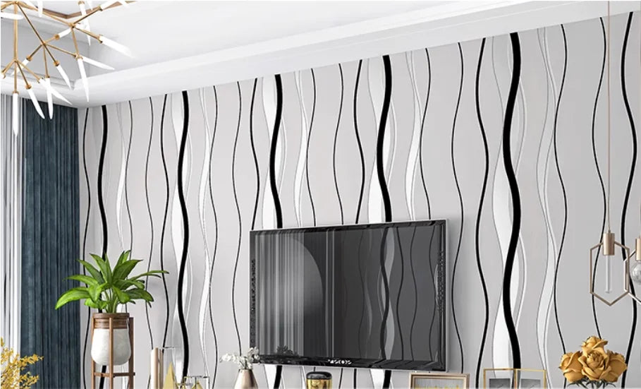 Modern wallpaper featuring elegant, vertical black and grey wavy stripes on a light grey background.