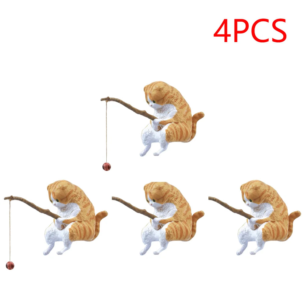 Set of 4 cute ginger tabby cat ornaments, each holding a wooden fishing rod with a small bead. Miniature decor.