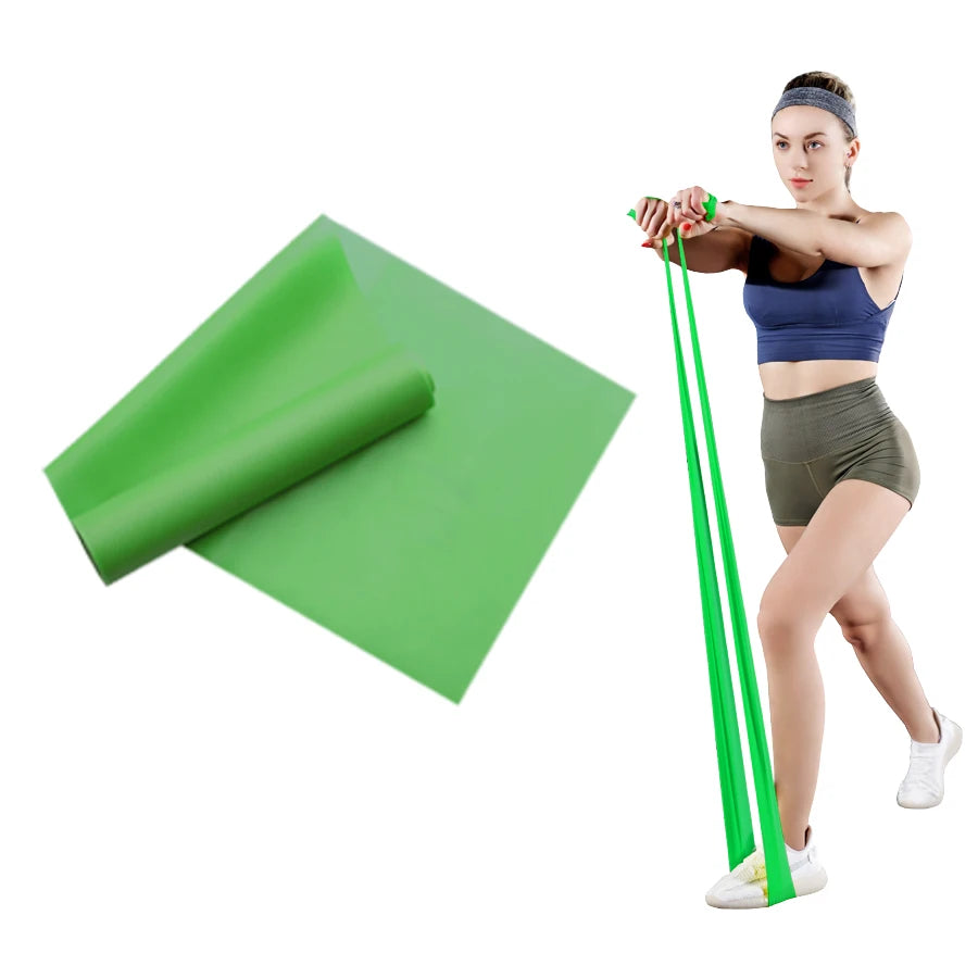 A woman exercising with a bright green flat resistance band, shown both folded and in use.