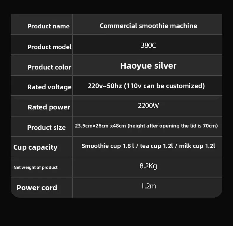 Product specification table listing commercial smoothie machine model 380C features in silver.