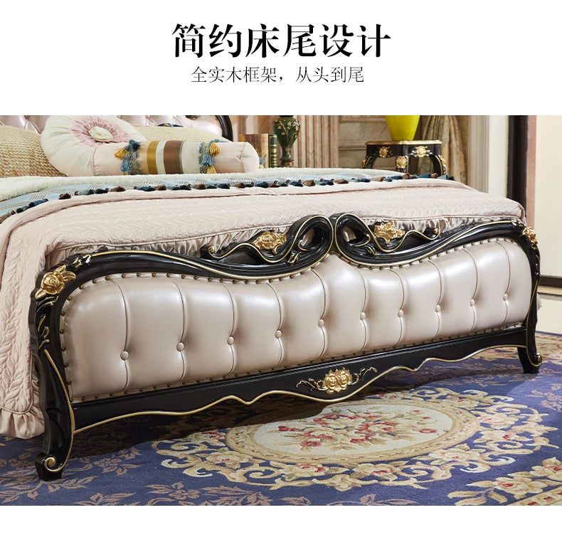 A luxurious double bed featuring a cream button-tufted padded end with ornate black and gold wooden trim.