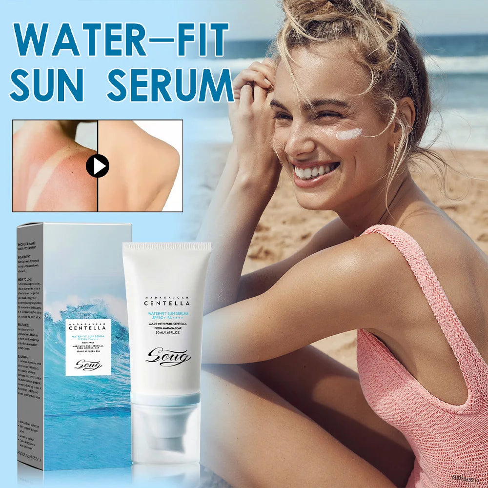 White tube of water-fit sun serum with SPF50+, shown alongside its box and a woman on the beach.