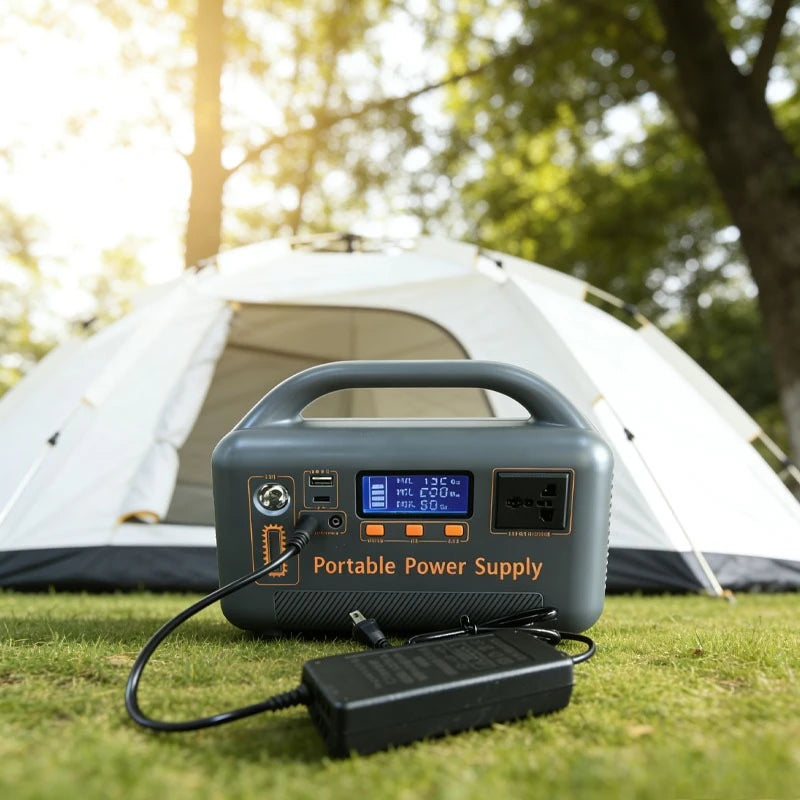 A gray portable power supply sits on the grass in front of a white tent, with a plugged-in charger in the foreground.