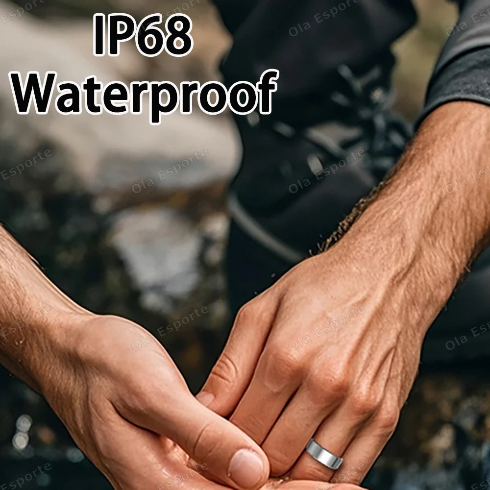 A sleek, silver smart fitness ring worn on a finger, highlighting its durable, IP68 waterproof design.