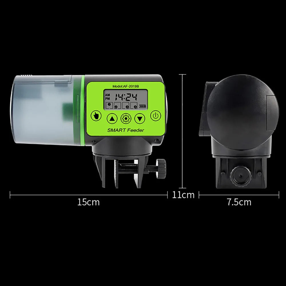 Automatic fish food feeder with a digital display, green faceplate, and black mounting clamp, shown with dimensions.
