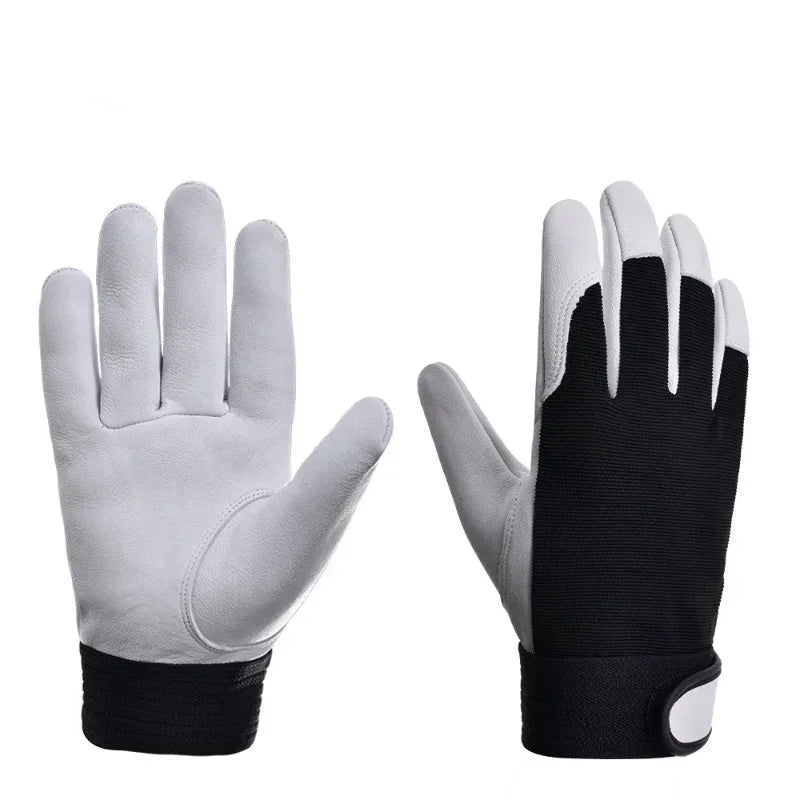 A pair of premium cowhide leather work gloves with grey leather palms, black fabric backs, and adjustable wrist straps.