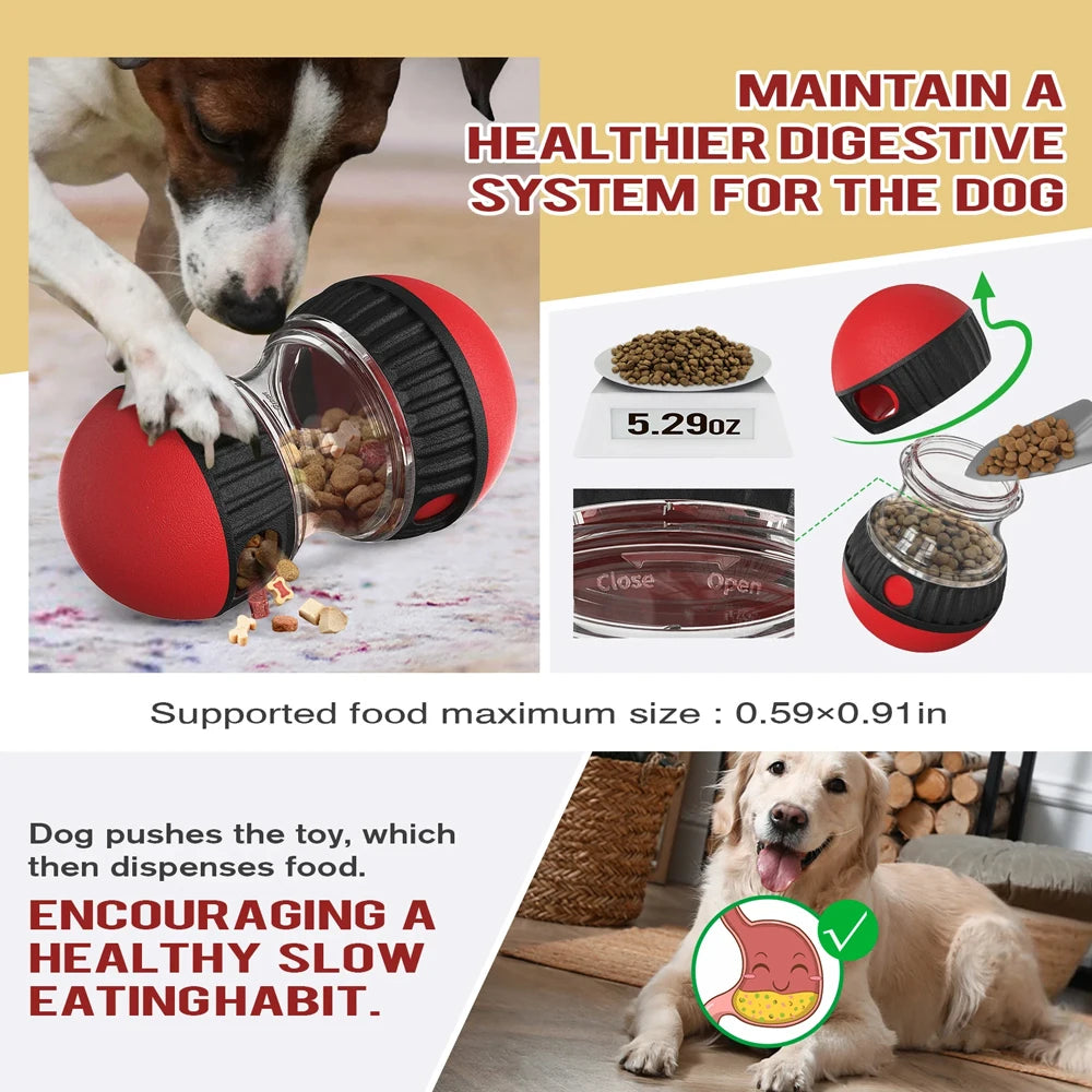 Red and black interactive dog slow feeder toy, showing how it is filled and used to dispense kibble for slower eating.