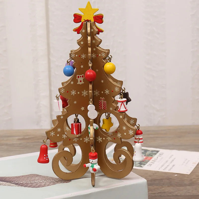 Decorative wooden Christmas tree ornament in gold, featuring white snowflake patterns and colourful hanging decorations.