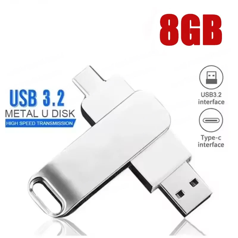 Silver 512GB 2-in-1 dual USB 3.2 and Type-C OTG metal flash drive with a swivel design.
