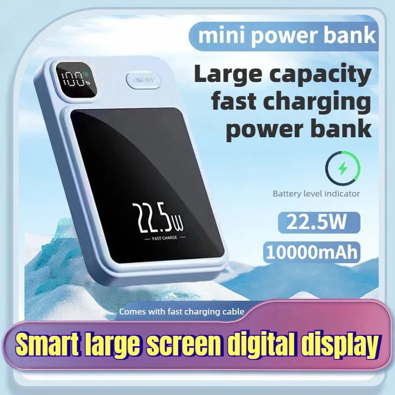 Pale blue, compact power bank with a large black digital display showing 22.5W fast charging and percentage levels.