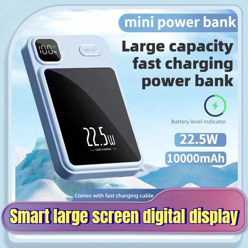 Pale blue, compact power bank with a large black digital display showing 22.5W fast charging and percentage levels.