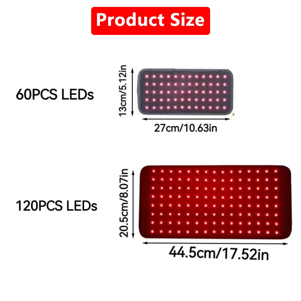Two rectangular red light therapy pads with visible LED grids and size dimension labels.