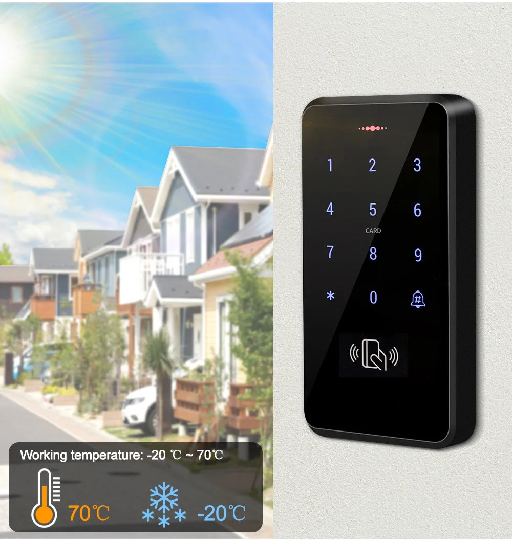 Black rectangular digital access control keypad with a touchscreen and RFID card reader mounted on a wall.