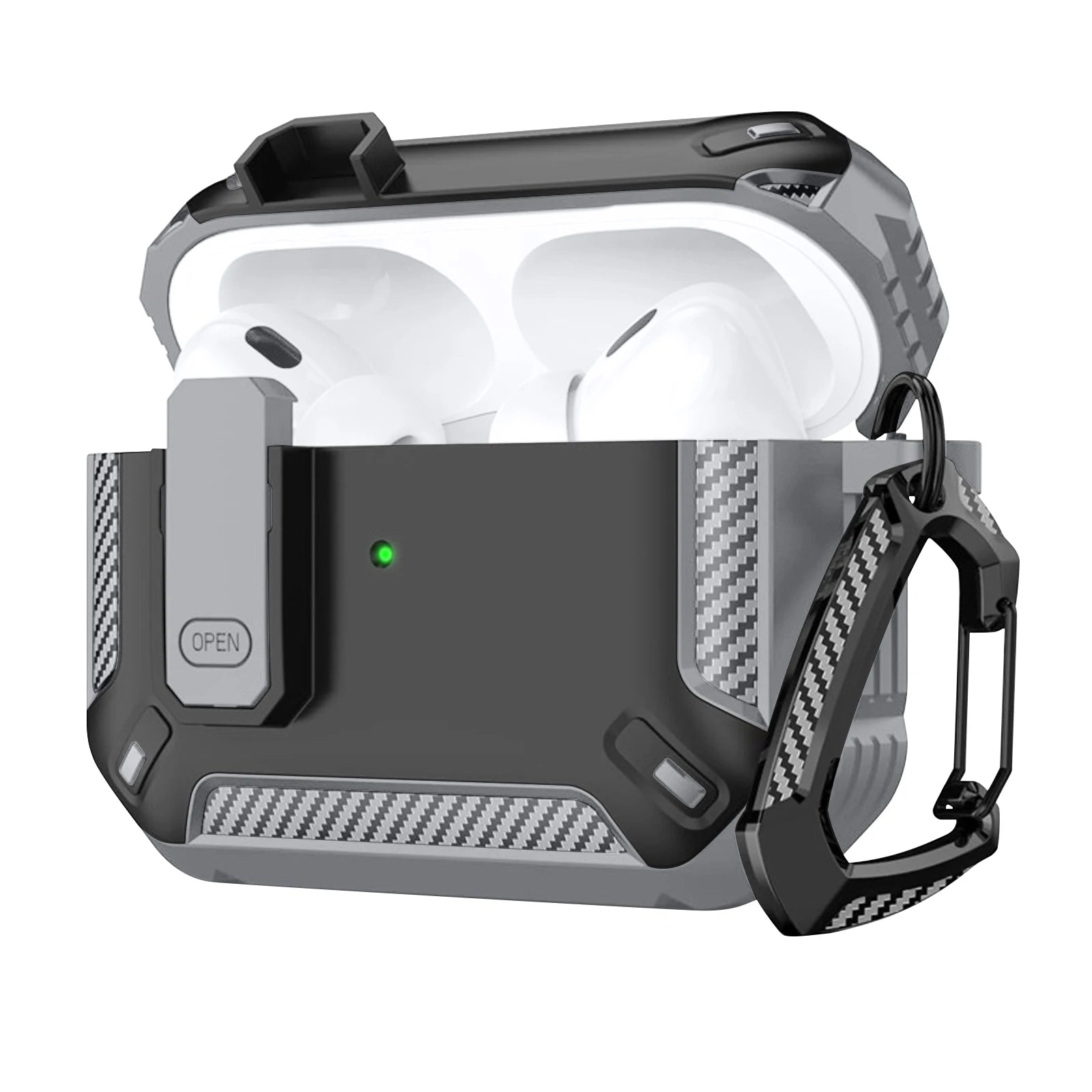 Rugged black and grey carbon fibre-style case for Apple AirPods Pro with secure locking latch and carabiner.