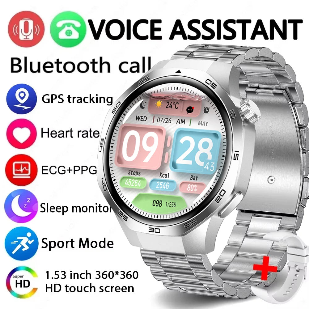 Silver smartwatch with a metal link strap and HD circular display, featuring GPS, heart rate, and health tracking icons.