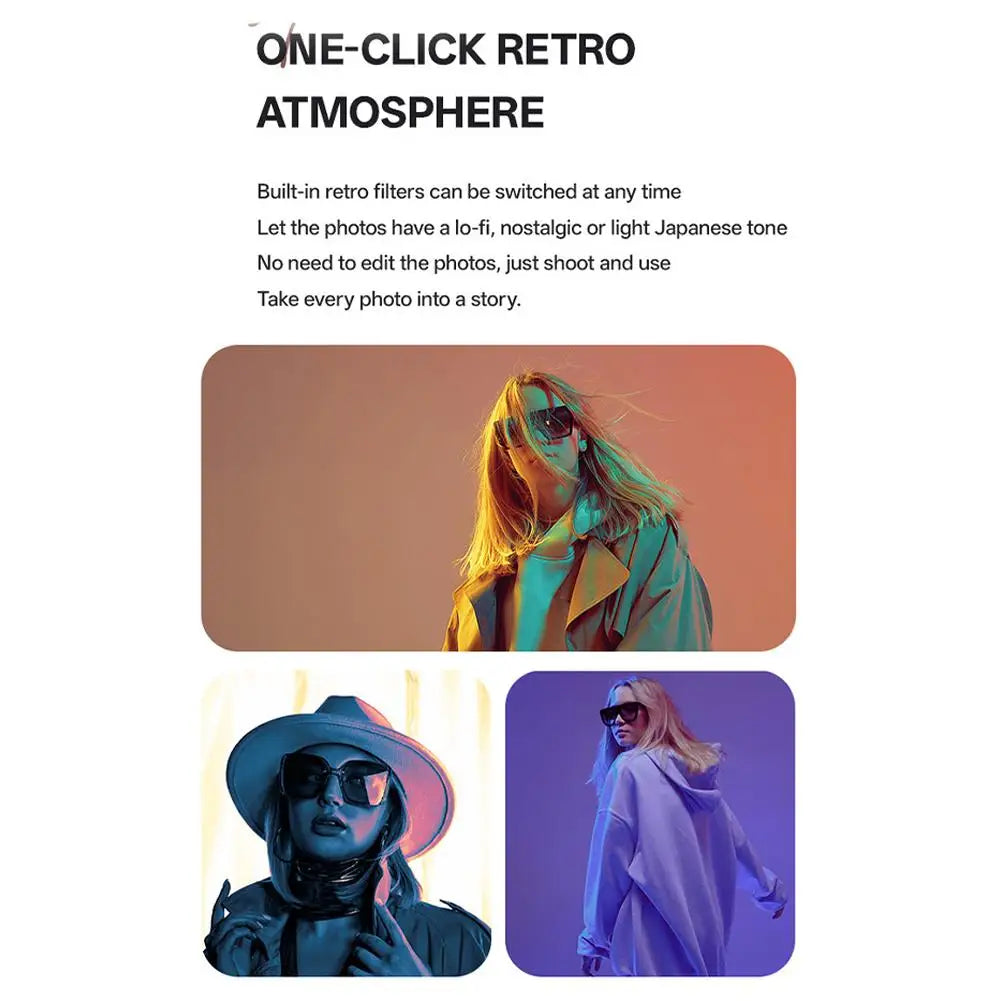 Three photographs of people wearing black plastic sunglasses with various colored lighting filters applied.