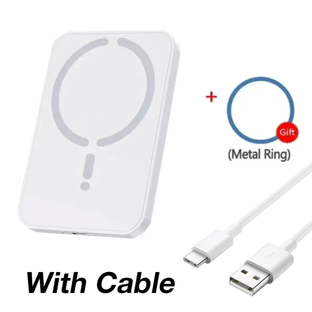 White magnetic wireless power bank, charging cable, and a bonus metal ring. Compact rectangular design.