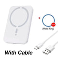 White magnetic wireless power bank, charging cable, and a bonus metal ring. Compact rectangular design.