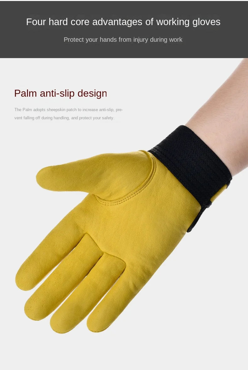 Yellow cowhide leather work glove with a black elasticated cuff and anti-slip palm patch.
