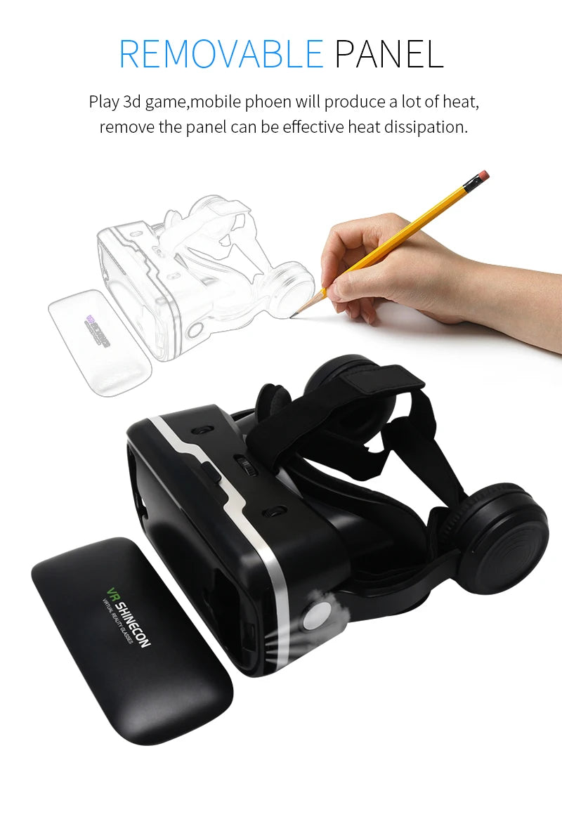 Black 3D virtual reality headset with adjustable straps, integrated headphones, and a detachable front heat-sink panel.
