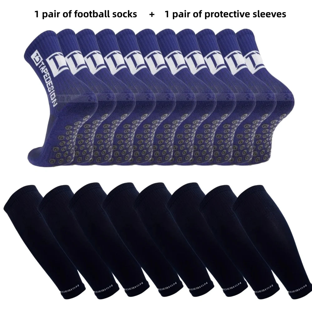 A set of navy blue football grip socks with white detailing and plain navy blue protective leg sleeves.