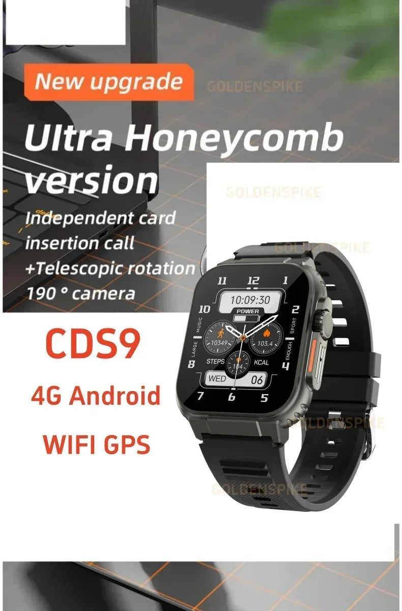 Black 4G Android smartwatch with a rectangular display, digital watch face, and an integrated 180° rotary camera.