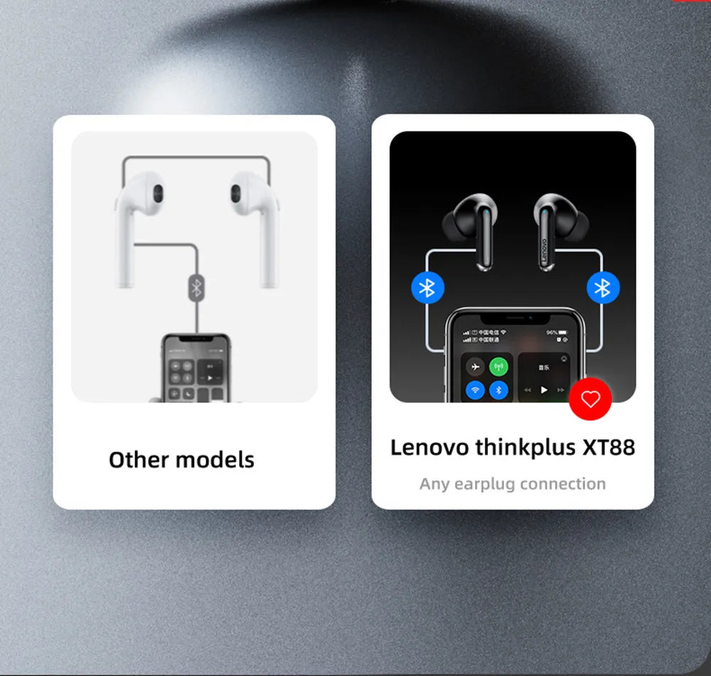 Comparison of white wireless earbuds versus sleek black in-ear wireless earbuds connecting via Bluetooth to a smartphone.