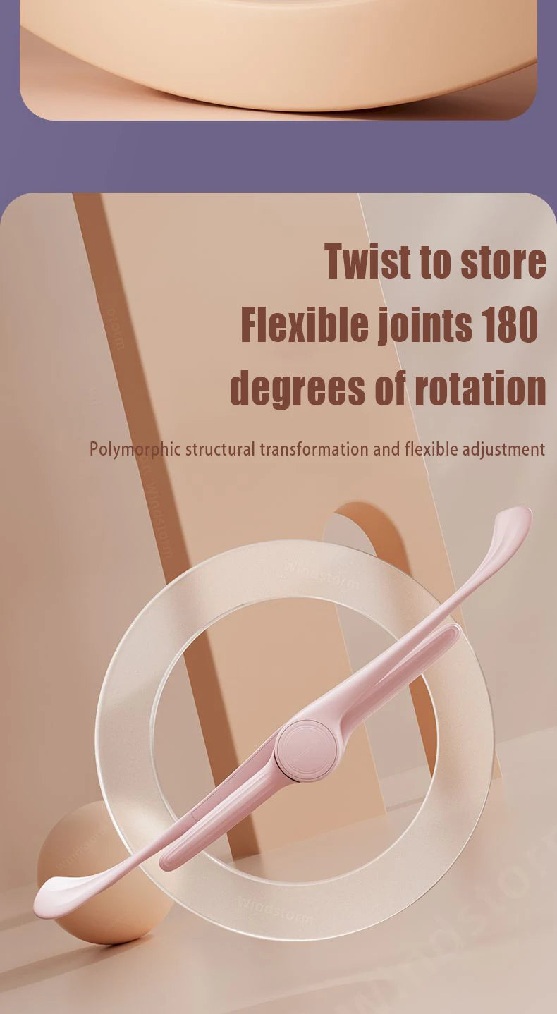 A pale pink, adjustable arm fitness tool with flexible, rotating joints, shown in a clean, minimalist studio setting.