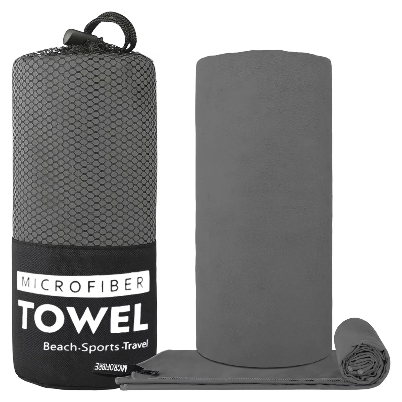Grey microfibre travel towel with mesh carry bag, showing rolled and folded towel options.