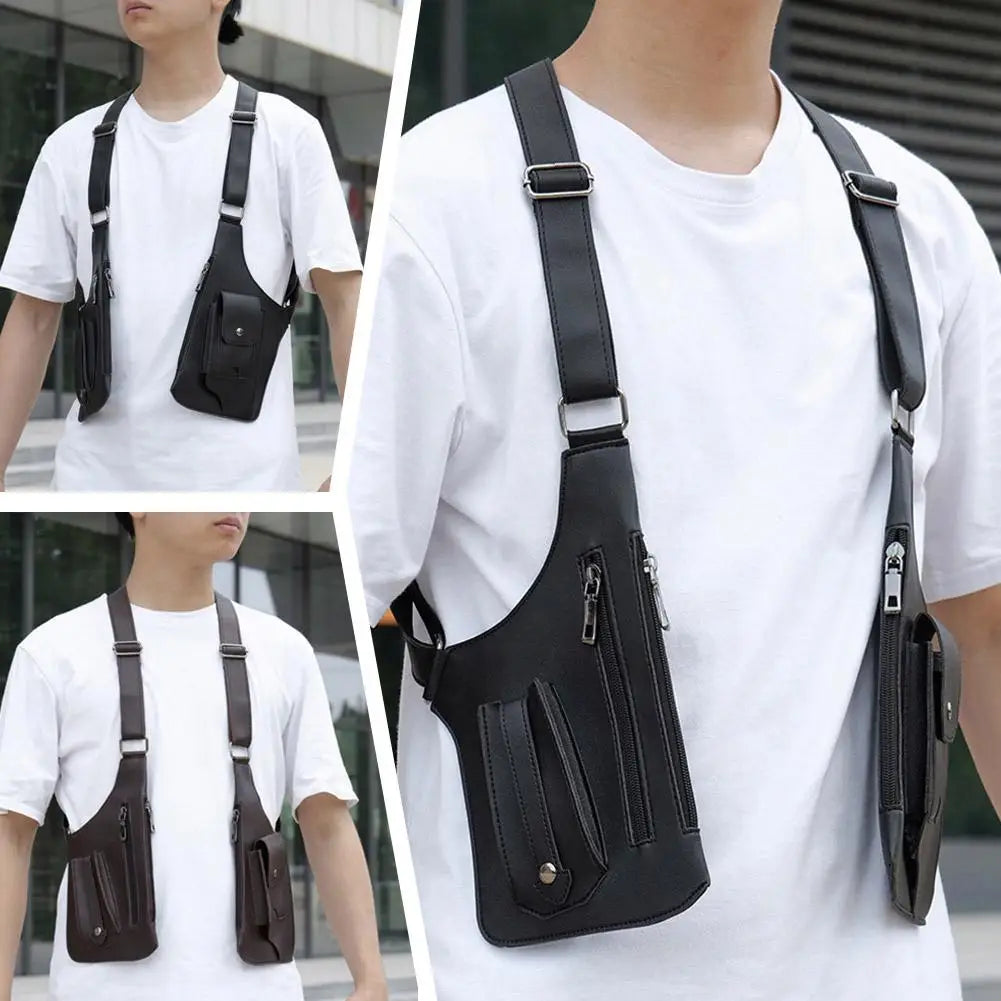 Black and brown retro tactical shoulder bags with adjustable straps, multiple zip pockets, and a slim, secure design.