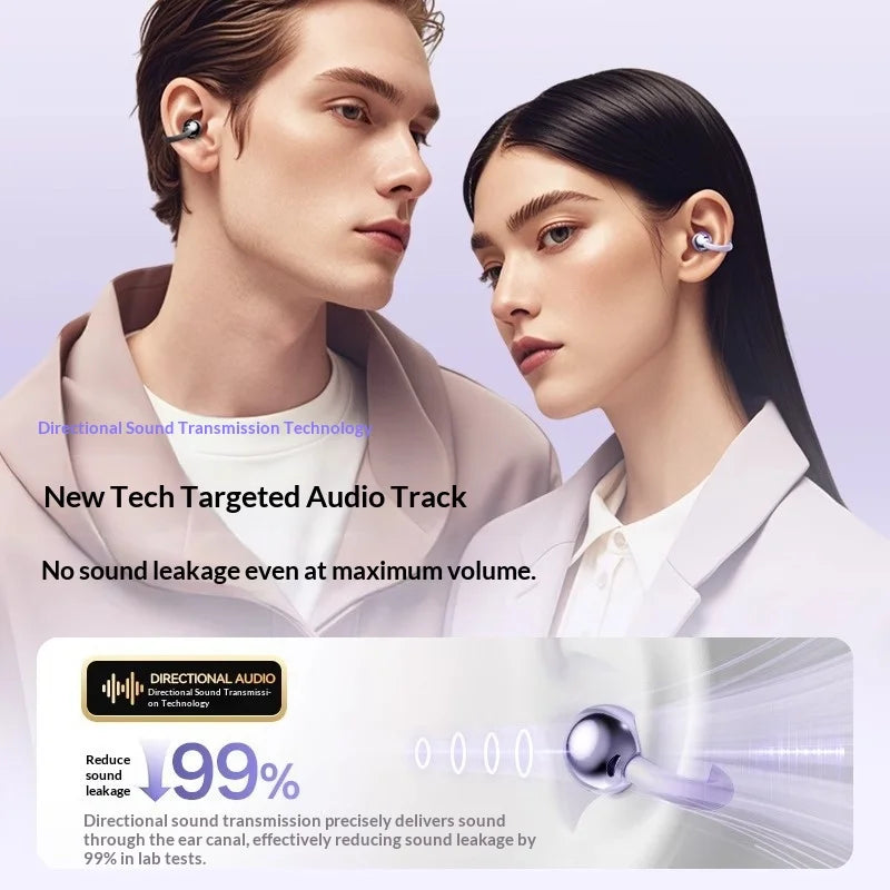 Man and woman wearing sleek, purple, clip-style open-ear headphones that deliver directional, leak-proof audio.