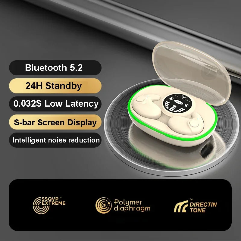 Beige wireless earbuds in a charging case with a green LED ring and digital screen, showing product specifications.