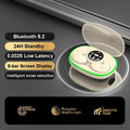 Beige wireless earbuds in a charging case with a green LED ring and digital screen, showing product specifications.
