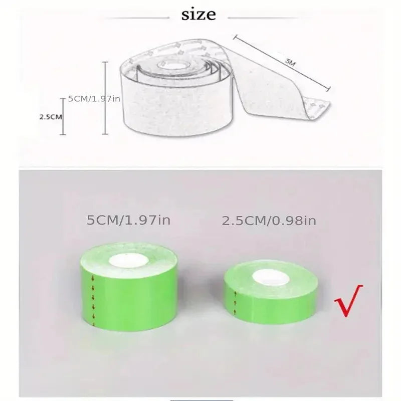 A diagram comparing a 5cm and 2.5cm green roll of adhesive body tape, showing dimensions and a 5m length indicator.