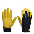 Yellow and black cowhide leather work gloves with durable fabric back, reinforced fingertips, and velcro wrist strap.