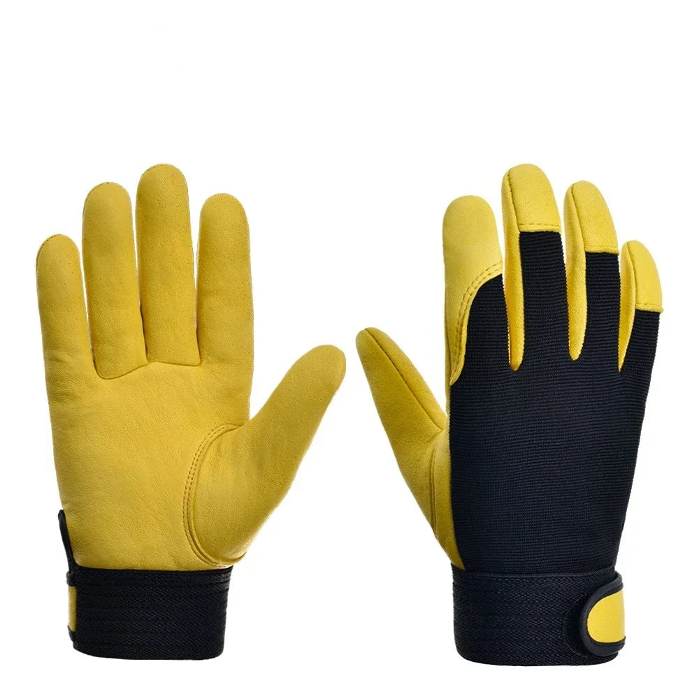 Yellow and black cowhide leather work gloves with durable fabric back, reinforced fingertips, and velcro wrist strap.
