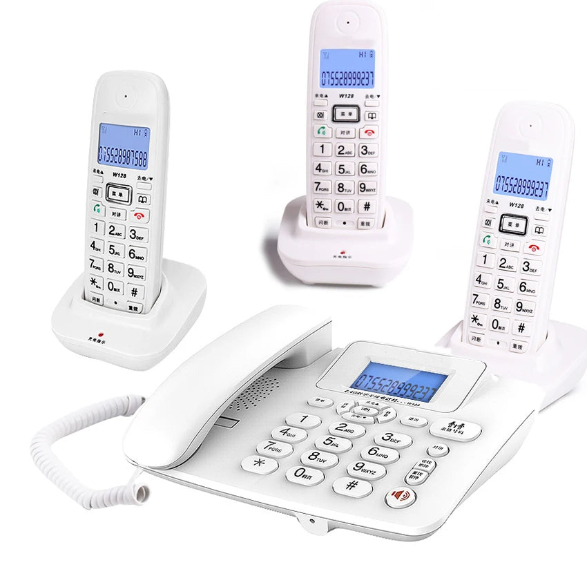 Set of white cordless phones with charging cradles and a corded base unit, all featuring digital display screens.