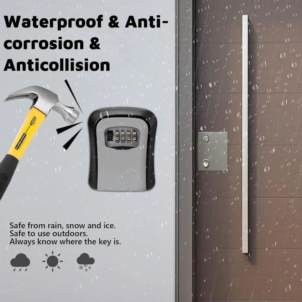 Black and gray metal wall-mounted key lock box with a four-digit combination code dial.