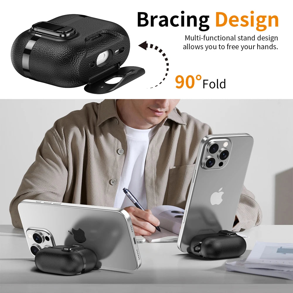 Black textured leather-style AirPods Pro case with a foldable 90-degree built-in phone stand.